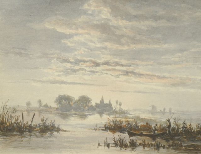 Jacob Abels | Rivierlandschap bij ochtendgloren, aquarel op papier, 11,0 x 14,0 cm