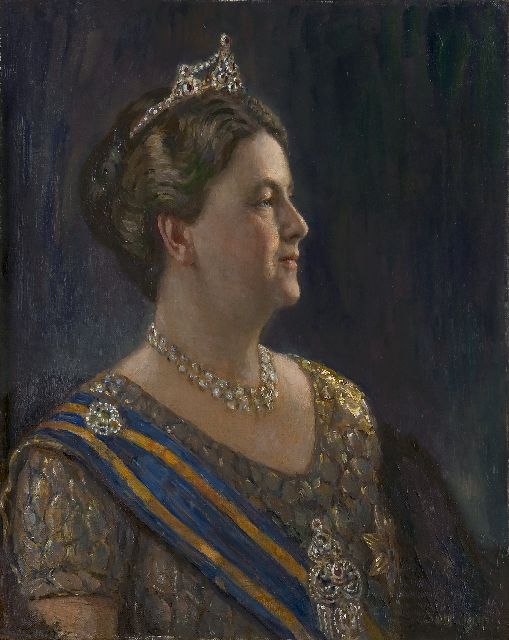 Simon de Heer | Portret van koningin Wilhelmina, olieverf op doek, 68,3 x 54,5 cm, gesigneerd r.o. met initialen SdH en gedateerd 1941