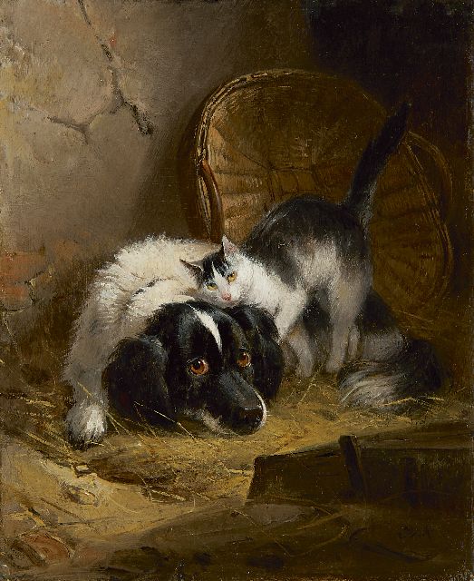 Henriette Ronner-Knip | Goede vrienden (pendant van inv. 14825), olieverf op paneel, 19,4 x 15,8 cm, gesigneerd r.o. met initialen
