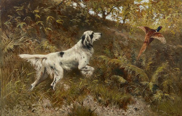 Jan van Essen | Setter met fazant, olieverf op doek, 62,3 x 95,2 cm, gesigneerd r.o. en gedateerd 1919