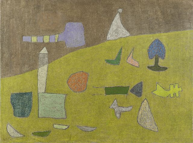 Will Leewens | Figuren in groen landschap, olieverf op doek, 60,1 x 80,1 cm, gesigneerd l.o.