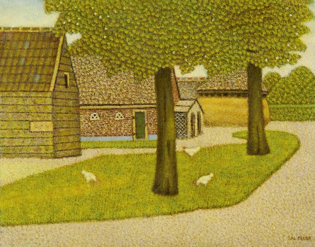 Sal Meijer | Kippen op het erf, Blaricum, olieverf op doek, 24,2 x 30,2 cm, gesigneerd r.o.