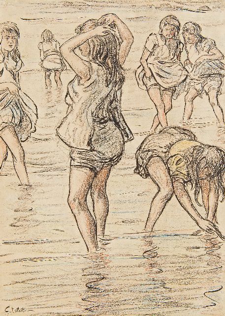 Gerard Johan Staller | Pootjebaden in de zee, krijt en Oost-Indische inkt op papier, 33,8 x 24,0 cm, gesigneerd l.o.