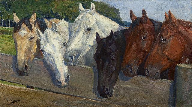 Philipp Jakob Erlanger | Paarden bij het hek, olieverf op doek, 38,4 x 67,7 cm, gesigneerd l.o. en gedateerd 1903