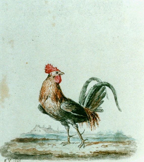 Eugène Verboeckhoven | Haantje, aquarel op papier, 6,5 x 6,0 cm, gesigneerd l.o. monogram en gedateerd 1828