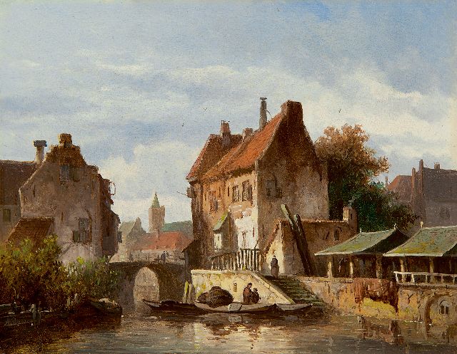 Adrianus Eversen | Stadsgrachtje met afgemeerde schuiten, Utrecht, olieverf op paneel, 16,6 x 21,0 cm