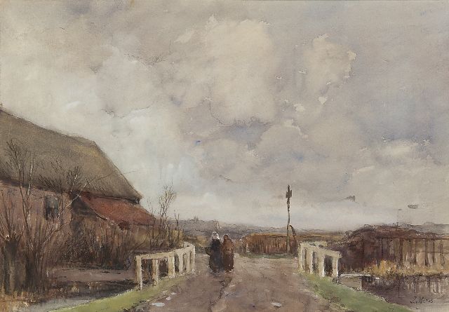 Jacob Maris | Op pad bij grauw weer, krijt en aquarel op papier, 39,3 x 57,2 cm, gesigneerd r.o.