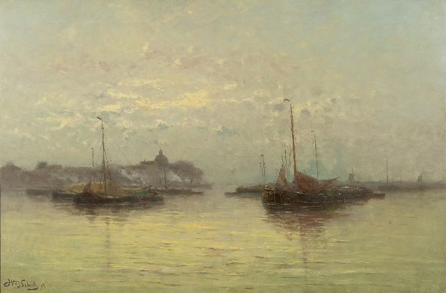 Willem Johannes Schütz | Zeilschepen voor anker (bij Dordrecht), olieverf op doek, 70,5 x 105,2 cm, gesigneerd l.o. en gedateerd '97