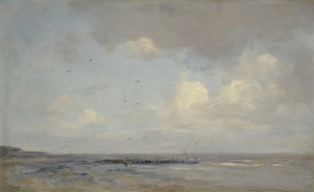 Jacob Maris | Strandgezicht met garnalenvisser, olieverf op doek, 49,4 x 78,1 cm, gesigneerd l.o.