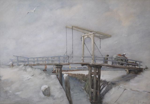Adolf le Comte | Winterse ophaalbrug met kar en figuren, aquarel op papier, 45,5 x 64,6 cm, gesigneerd r.o.