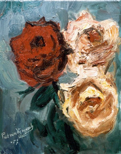 Piet van Wijngaerdt | Rozen, olieverf op doek, 30,0 x 24,0 cm, gesigneerd l.o. en gedateerd '57