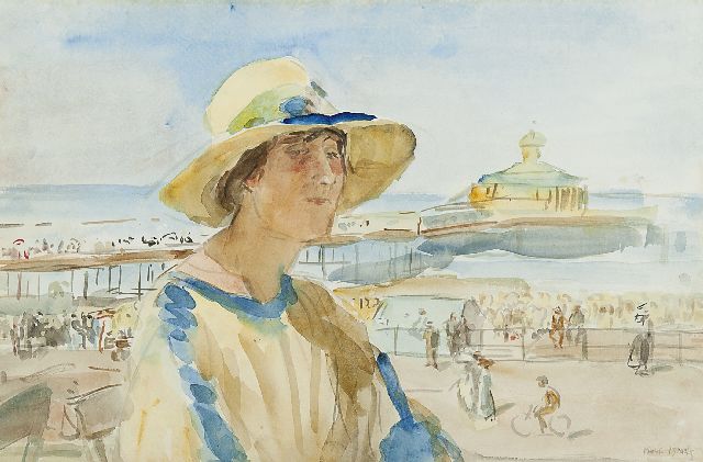 Isaac Israels | Vrouw aan het strand van Scheveningen, aquarel op papier, 32,5 x 50,0 cm, gesigneerd r.o.