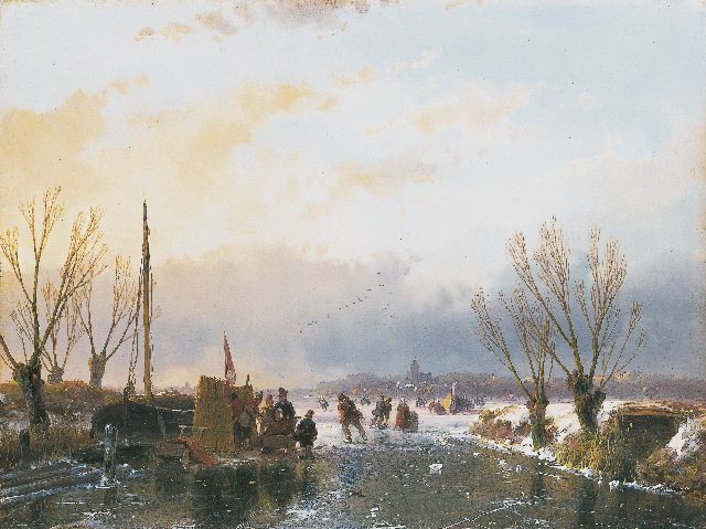 Andreas Schelfhout | Wintergezicht met vele schaatsers en een koek-en-zopie, olieverf op paneel, 21,6 x 28,9 cm, gesigneerd l.o. en gedateerd 1850