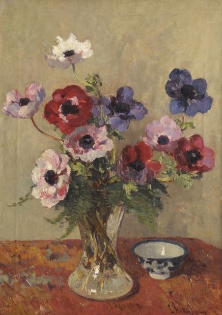 Louis Stutterheim | Stilleven met anemonen en porseleinen kommetje, olieverf op doek, 49,8 x 35,4 cm, gesigneerd r.o.