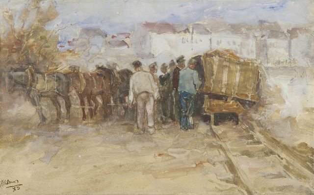 Jan Toorop | Figuren bij kiepwagon in de Antwerpse haven, aquarel op papier, 29,2 x 46,7 cm, gesigneerd l.o. en gedateerd '85
