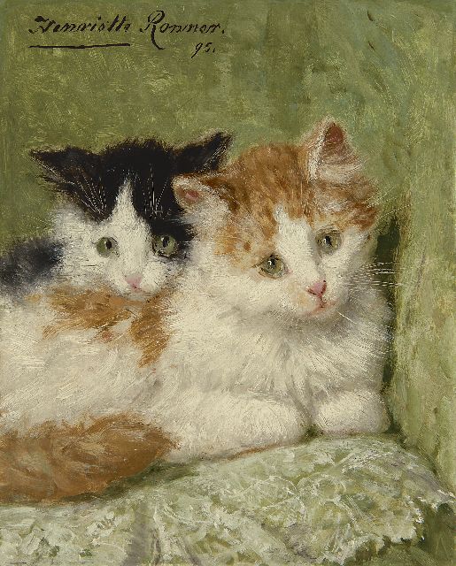 Henriette Ronner-Knip | Twee kittens op een kussen, olieverf op paneel, 20,9 x 16,7 cm, gesigneerd l.b. en gedateerd '95