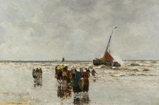 Morgenstjerne Munthe | Vissersvrouwen en klijnhalers wachtend op het strand, olieverf op doek, 61,1 x 92,0 cm, gesigneerd l.o. en op doekomslag links en gedateerd 1926