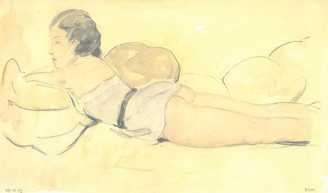 Kloos C.  | Liggende vrouw in blauw jurkje, potlood en aquarel op papier 18,2 x 30,9 cm, gesigneerd r.o. en gedateerd 18-4-43