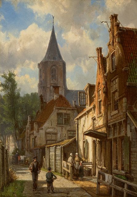 Willem Koekkoek | Zonnig straatje met figuren, olieverf op paneel, 32,3 x 23,0 cm, gesigneerd r.o.