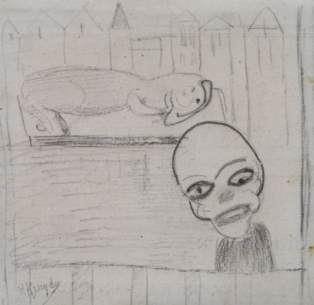 Herman Kruyder | Clown en dier, zwart krijt op papier, 10,0 x 10,2 cm, gesigneerd l.o.