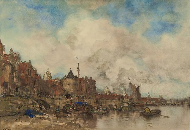 Jacob Maris | Capriccio gezicht op Amsterdam, aquarel op papier, 64,0 x 91,0 cm, gesigneerd l.o. en te dateren ca. 1885