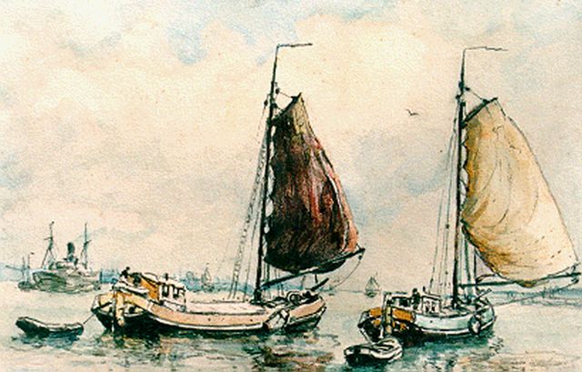 Evert Moll | Tjalken op de rivier, gemengde techniek op papier, 14,0 x 19,0 cm, gesigneerd l.o.