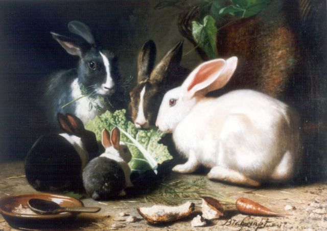Bernard te Gempt | Konijnenfamilie aan de maaltijd, olieverf op doek, 54,0 x 74,5 cm, gesigneerd r.o.