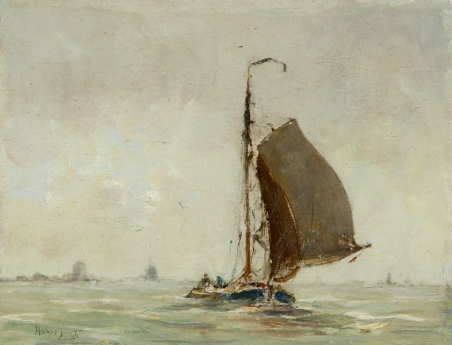 Hobbe Smith | Voor de wind zeilende tjalk, olieverf op paneel, 13,0 x 16,9 cm, gesigneerd l.o. en met stempel verso