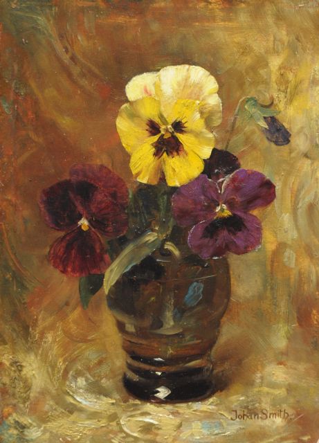 Johan Smith | Viooltjes in een glas, olieverf op paneel, 24,2 x 16,9 cm, gesigneerd r.o.