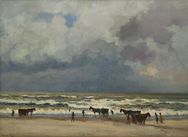 Evert Moll | Garnalenvissers op het strand, olieverf op doek, 66,0 x 91,0 cm, gesigneerd l.o.