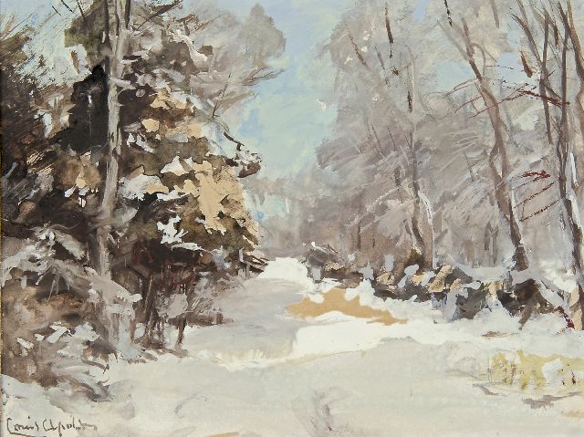 Louis Apol | Winters bospad, gouache op papier, 15,5 x 20,6 cm, gesigneerd l.o.