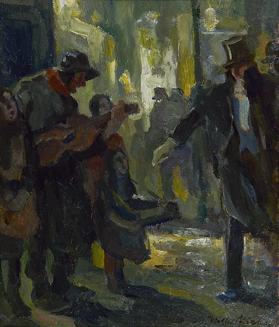 Walter Miehe | Voor het theater, olieverf op board, 35,2 x 29,2 cm, gesigneerd r.o. en gedateerd '23