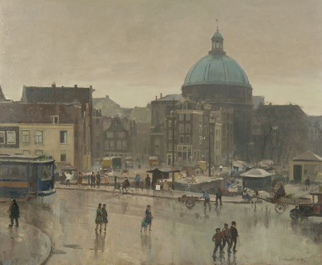 Cornelis Vreedenburgh | De Prins Hendrikkade, Amsterdam, met de Stromarkt en de Ronde Lutherse Kerk, olieverf op doek, 59,3 x 72,8 cm, gesigneerd r.o. en gedateerd 1931