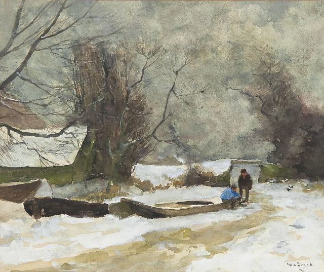 Willem de Zwart | Figuren bij ingevroren schuit, aquarel en gouache op papier, 34,2 x 40,5 cm, gesigneerd r.o.