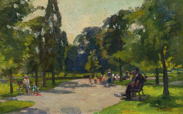 Cor Noltee | Kinderen in park Merwestein, olieverf op board, 25,1 x 40,1 cm, gesigneerd r.o.