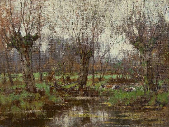 Arnold Gorter | Knotwilgen langs de Vordense Beek, olieverf op doek, 32,2 x 43,4 cm, gesigneerd r.o.