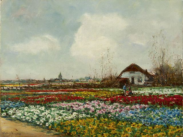 Anton Dirckx | Bloeiende bollenvelden, olieverf op doek, 30,2 x 40,3 cm, gesigneerd l.o.