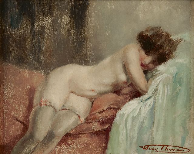 Thomas H.J.  | Naakt op divan, olieverf op paneel 23,1 x 28,7 cm, gesigneerd r.o.