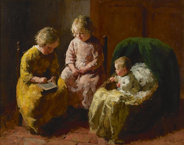Bernard Pothast | Tekenen op het leitje, olieverf op doek, 32,9 x 40,1 cm, gesigneerd r.o.