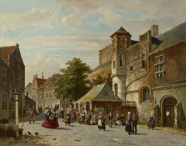 Adrianus Eversen | Stadsgezicht met overdekte visbank, olieverf op doek, 56,2 x 70,2 cm, gesigneerd r.o. voluit en l.o. op ton met monogram    onogram
