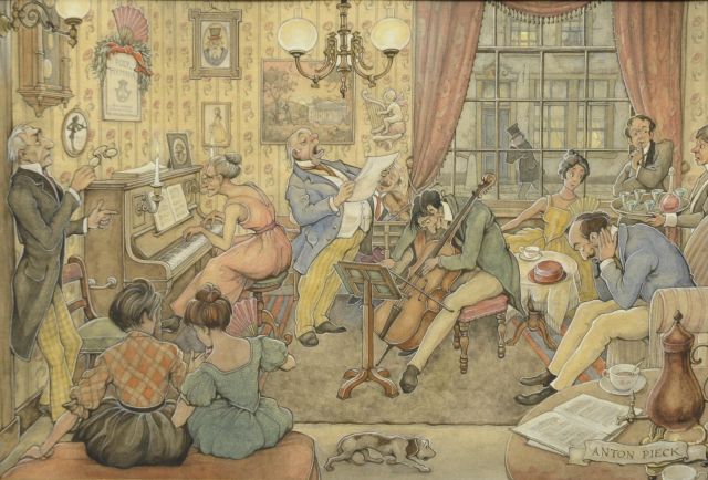 Anton Pieck | Muziekavond, aquarel op papier, 33,5 x 23,0 cm, gesigneerd r.o.