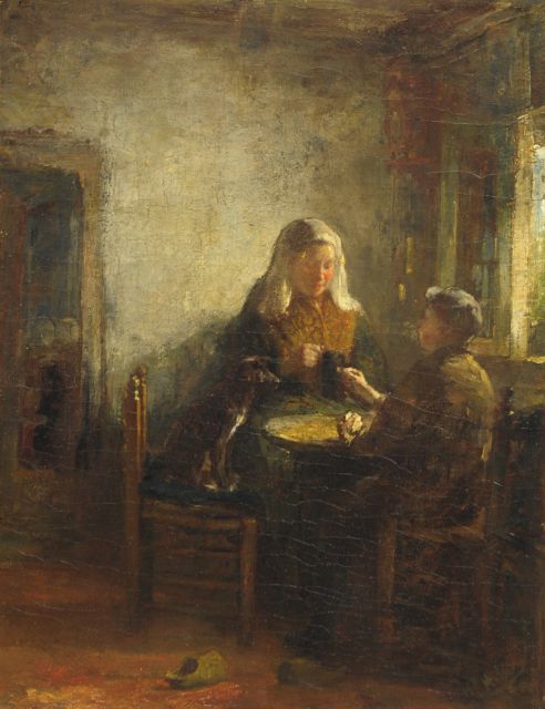 Henricus Joannes Mélis | Zeeuwse vrouw met jongen en hondje, olieverf op doek, 50,5 x 39,5 cm, gesigneerd r.o.