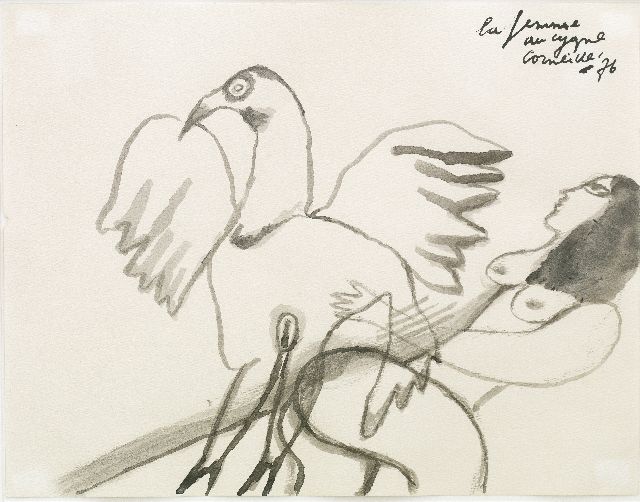 Corneille ('Corneille' Guillaume Beverloo)   | La femme au cygne, inkt op papier 22,9 x 29,8 cm, gesigneerd r.b. en gedateerd '76