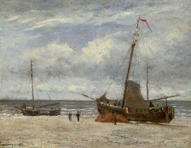 Jan Heppener | Vissersboten op het strand, olieverf op paneel, 23,5 x 30,2 cm, gesigneerd l.o. en gedateerd 18[?]