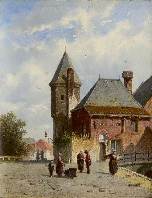 Adrianus Eversen | Zonnig gezicht op de Koppelpoort te Amersfoort met figuren, olieverf op paneel, 19,3 x 15,0 cm, gesigneerd l.o. en verso op etiket