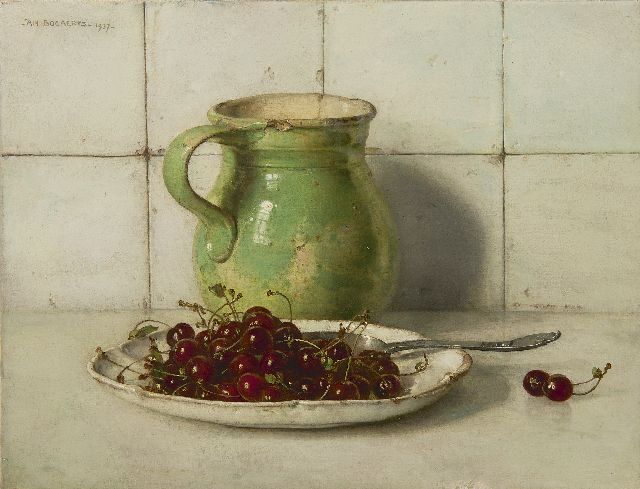 Jan Bogaerts | Stilleven met kersen en een steengoed kan, olieverf op doek, 35,3 x 46,0 cm, gesigneerd l.b. en gedateerd 1937