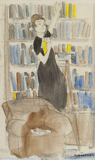 Piet van der Hem | De bibliothecaresse, krijt en aquarel op papier, 33,4 x 20,0 cm, gesigneerd r.o.