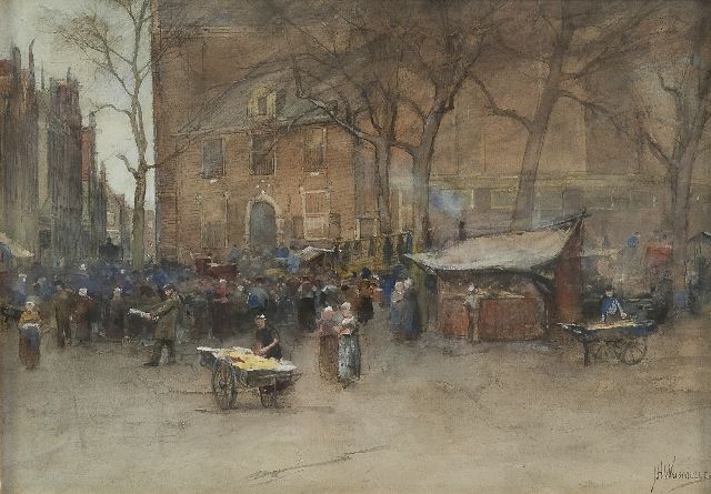 Jan Hillebrand Wijsmuller | Markt bij de Noorderkerk, Amsterdam, potlood en aquarel op papier, 27,5 x 38,9 cm, gesigneerd r.o.