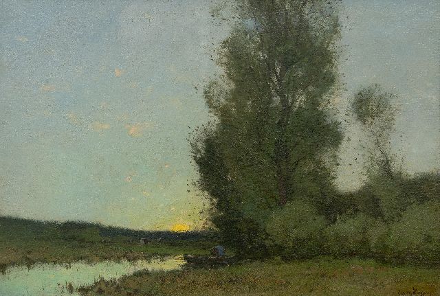 Cornelis Kuijpers | Boer in roeiboot bij zonsopkomst aan de bosrand, olieverf op doek, 42,0 x 61,5 cm, gesigneerd r.o.