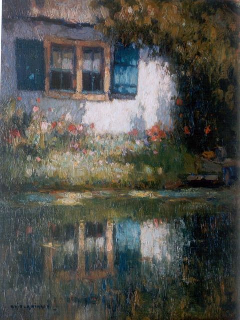 Aris Knikker | Zomers huisje aan de waterkant, olieverf op doek op paneel, 24,0 x 18,0 cm, gesigneerd l.o.